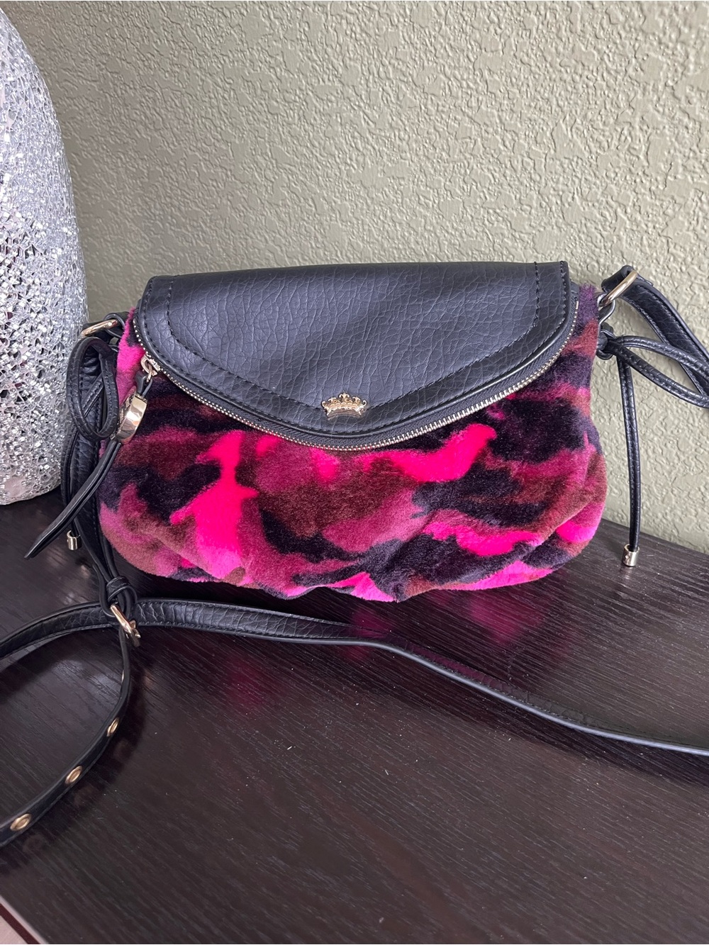 Juicy Couture Black Leather & Pink Camouflage Faux-Fur Crossbody Bag